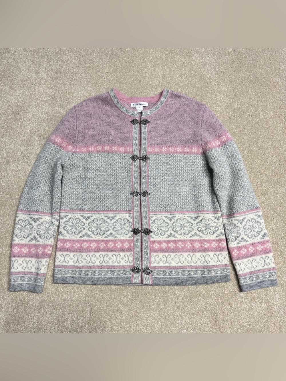 Vintage Susan Bristol Wool Cardigan Sweater Women Medium Fair Isle Nordic Clasp